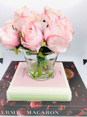 Light Pink Rose Arrangement Real Touch | French Country | Centerpiece | Artificial Faux Forever Flowers in Glass Vase