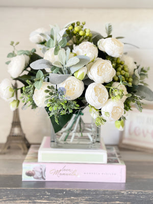 Large White Rose Peony, Berries with Greenery Arrangement, Artificial Faux Centerpiece, French Silk Floral Flowers Glass Vase for Home Decor