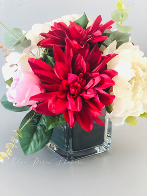 Dahlia, Roses Peonies Arrangement, Faux Flowers in Vase, Floral Decor Centerpiece