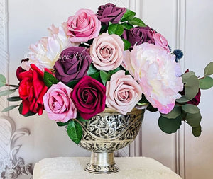Burgundy-Cream-Pink Roses Peonies Silk/Foam Artificial Faux Flower Floral Center Arrangement in Silver Vase Home Decor by Blue Paris Flowers