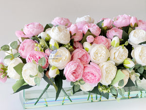 Modern Long White and Pink Rose Peony Arrangement, Artificial Faux Centerpiece Floral Flower Arrangement, Silk Flowers Glass Vase Home Decor