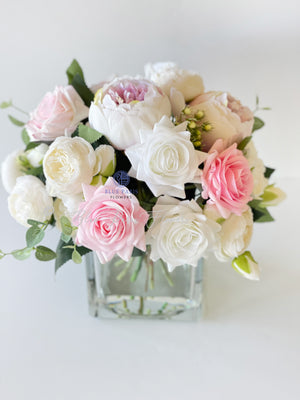 Light Pink & White Roses Peonies, Real Touch, Silk Flowers Blush Peonies, Faux Flower Arrangement Table Centerpiece French Country Floral