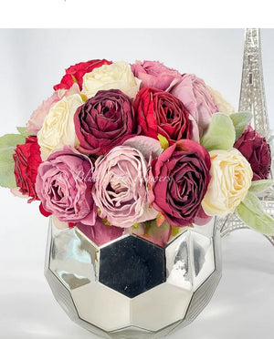 Pink, Red, Blush Pink Rose Arrangement Artificial Faux Centerpiece, Floral Decor, Silk Flower Arrangement, Faux Flowers in Silver vase