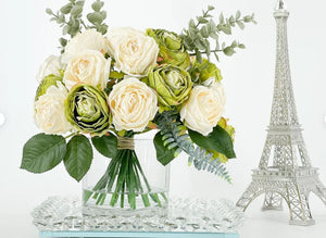 25 Cream and Green Rose Arrangement Artificial Faux Centerpiece, Floral Decor Silk Flower Arrangement, Faux Decoration Flowers in Glass Vase