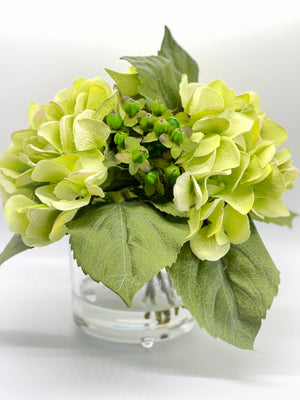 Premium Green Hydrangea Artificial Faux Arrangement in Clear Glass Vase with clear acrylic water for Home Decor by Blue Paris Flowers