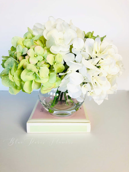 White Green Hydrangea in Vase, Artificial Faux Flower Arrangement