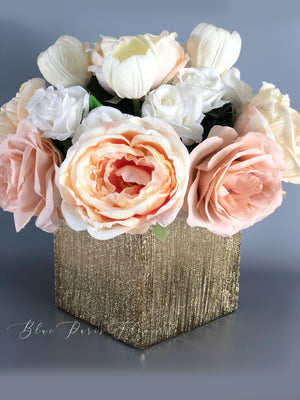 Ashley Dusty Rose, White Tulips Faux Flower Arrangement, Floral Home Decor | Silk Artificial Centerpiece in Gold Vase