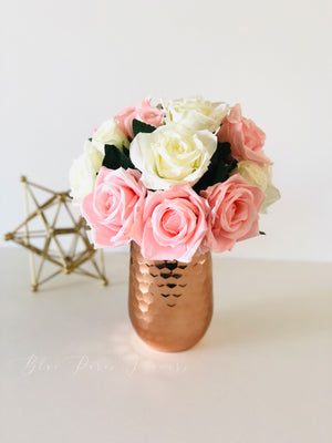 White and Pink Floral Arrangement Artificial Faux Flowers in Copper Vase