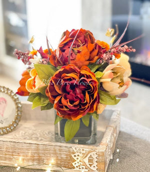 Fall or Thanksgiving Arrangement, Brown Peonies in Vase, Floral Decor Centerpiece, Faux Florals Artificial Flowers Silk Floral Decor