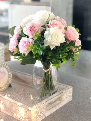 Real Touch White and Pink Rose | Greenery Artificial Faux Arrangement, Floral Centerpiece, Home Decor