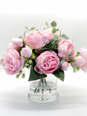 Light Pink Rose Peony Arrangement, Artificial Faux Centerpiece, Silk Flowers in Glass Vase for Home Decor, House, Gift, Faux Floral