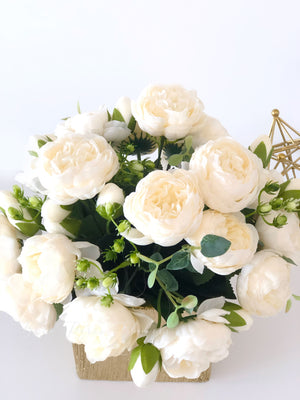 White Rose Peony Arrangement, Artificial Faux Centerpiece