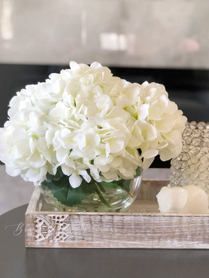 White Hydrangea Artificial Faux Arrangement in Clear Glass Vase with clear acrylic water for Home Decor by Blue Paris Flowers