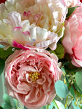 Pink Peonies, Red Roses, Artificial Faux Floral Arrangement Table Centerpiece Decor, Flower Arrangement Silk Florals, Real Touch Peony