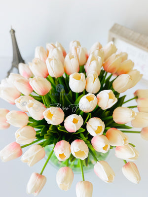 X-Large 60 Light Pink Tulips | Modern Faux Floral Arrangement | Real Touch Artificial Faux Forever Flowers in Glass Vase, Faux Flowers, Vase