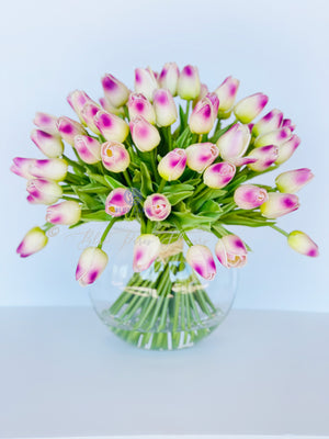 X-Large 60 Mauve Tulips | Modern Faux Floral Arrangement | Real Touch Artificial Centerpiece Faux Flowers in Glass Vase Faux Flowers in Vase