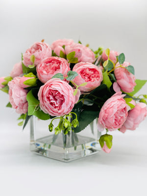 Pink Rose Peony Arrangement, Artificial Faux Centerpiece, Silk Flowers in Glass Vase for Home Decor