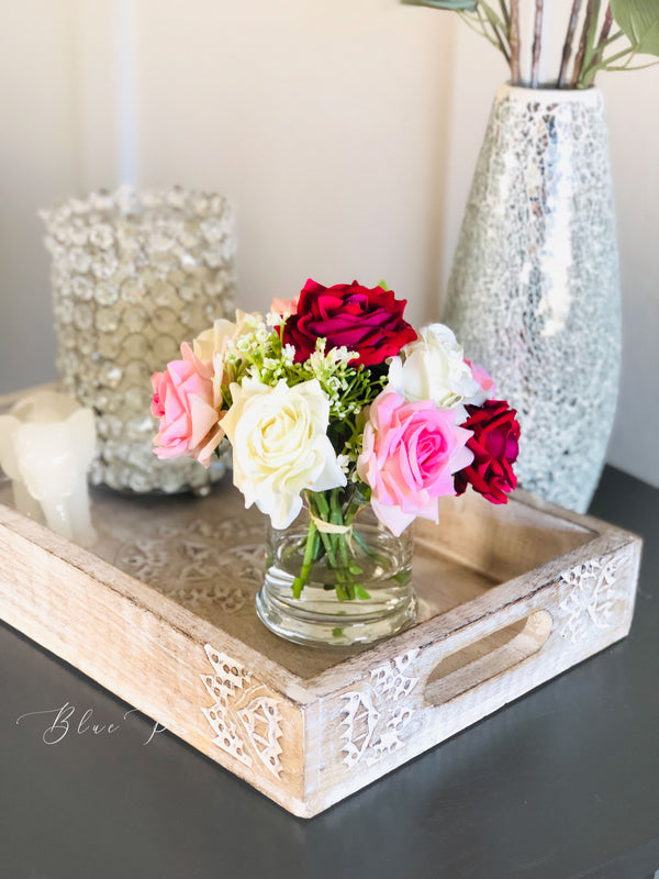 Faux Pink Rose Arrangement in Vase, Floral Decor Centerpiece, Artificial Flowers, Real Touch Roses