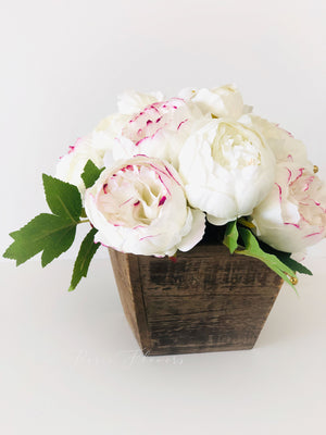 Marsala Tipped White Ivory Peony Arrangement, Artificial Faux Centerpiece
