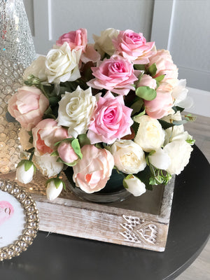 Pink Peonies, Roses Faux Flower Arrangement, Floral Home Decor and Centerpiece in Vase