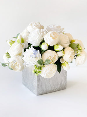 White Rose Peony Arrangement, Artificial Faux Table Centerpiece, French Floral Silk Flowers in Silver Vase for Home or Office Decor & Gift