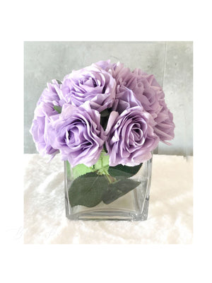 Real Touch Purple-Lavender Rose Arrangement-Fake Flowers-Artificial Centerpiece-Home Decor-Faux Flower Arrangement in Glass Vase