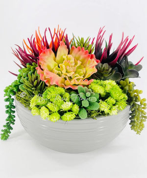 Succulents in Gray Modern Vase, Faux Artificial Greens Succulents Plants Table Centerpiece Floral Decor Centerpiece, Faux Florals Blue Paris