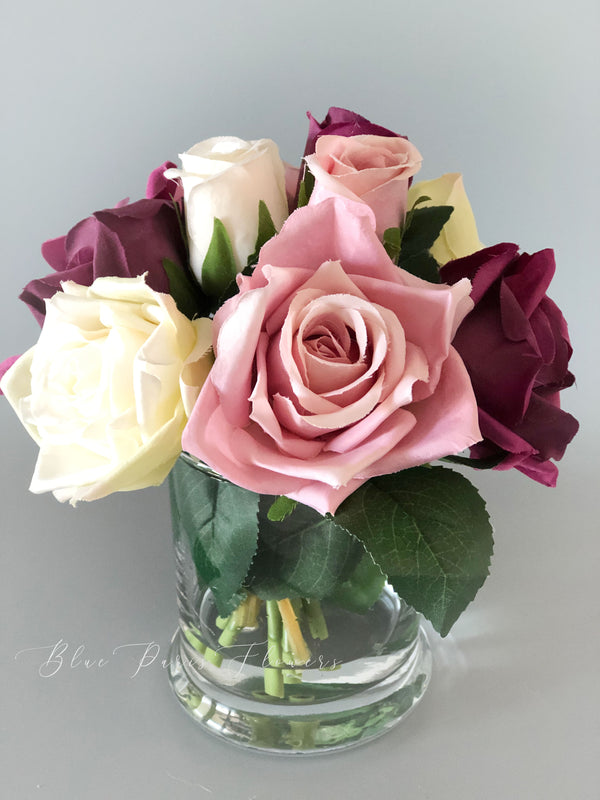 Pink and Burgundy White Arrangement Artificial Faux Flowers in Glass Vase