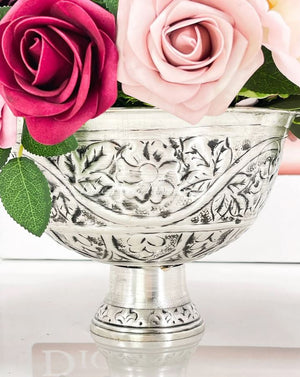 Burgundy-Cream-Pink Roses Peonies Silk/Foam Artificial Faux Flower Floral Center Arrangement in Silver Vase Home Decor by Blue Paris Flowers