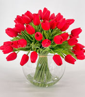 X-Large 60 Red Tulips | Modern Faux Floral Arrangement | Real Touch Artificial Faux Forever Flowers in Glass Vase, Faux Flowers in Vase
