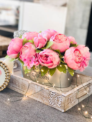 Pink Peonies Floral Arrangement, Artificial Faux Centerpiece, Flower in Metal Vase, French Country Home Decor