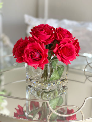 Red Real Touch Roses Arrangement, Artificial Faux Centerpiece, Natural Touch Flowers in Glass Vase Home Decor, Floral Arrangement Blue Paris