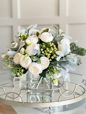 Large White Rose Peony, Berries with Greenery Arrangement, Artificial Faux Centerpiece, French Silk Floral Flowers Glass Vase for Home Decor