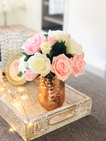 White and Pink Floral Arrangement Artificial Faux Flowers in Copper Vase