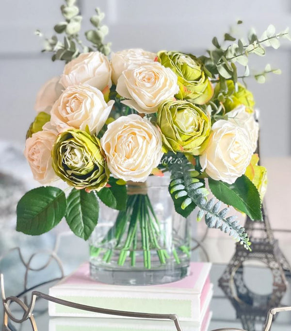 25 Cream and Green Rose Arrangement Artificial Faux Centerpiece, Floral Decor Silk Flower Arrangement, Faux Decoration Flowers in Glass Vase