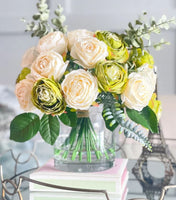 25 Cream and Green Rose Arrangement Artificial Faux Centerpiece, Floral Decor Silk Flower Arrangement, Faux Decoration Flowers in Glass Vase