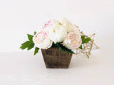 Marsala Tipped White Ivory Peony Arrangement, Artificial Faux Centerpiece