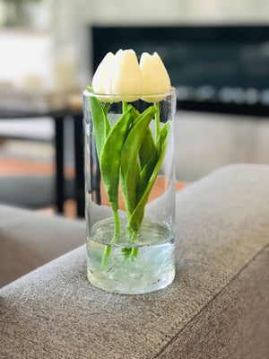White Tulips | Modern Arrangement | Real Touch | Artificial Faux Forever Flowers in Glass Vase for Home Decor by Blue Paris Flowers