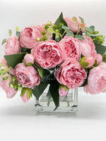 Pink Rose Peony Arrangement, Artificial Faux Centerpiece, Silk Flowers in Glass Vase for Home Decor