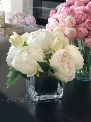 White Peony Arrangement, Artificial Faux Centerpiece, Natural Touch Flowers in Glass Vase Home Decor