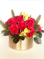 Christmas Real Touch Red Roses Arrangement-Gold Vase- Floral Decor Centerpiece- Artificial Flowers Silk Arrangement-Fake Flowers Home Decor