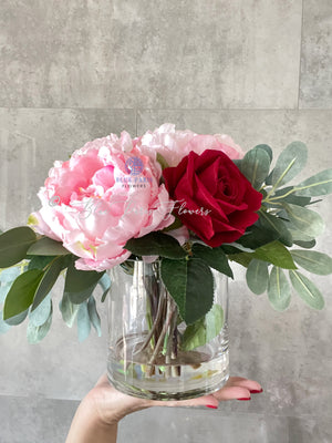 Pink Peonies, Red Roses, Artificial Faux Floral Arrangement Table Centerpiece Decor, Flower Arrangement Silk Florals, Real Touch Peony