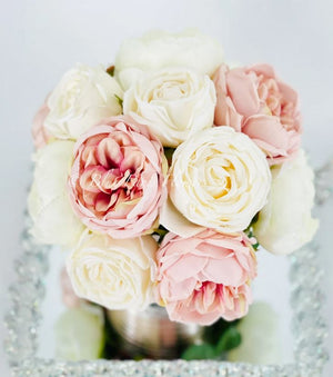 White & Blush Rose and Peonies Arrangement, Artificial Faux Centerpiece, Floral Flowers in Rose Gold Vase Home Decor Blue Paris