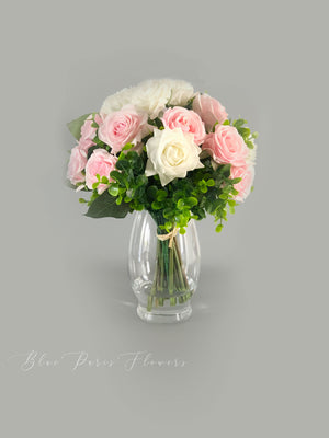 Real Touch White and Pink Rose | Greenery Artificial Faux Arrangement, Floral Centerpiece, Home Decor