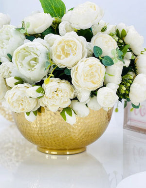 Large White Rose Peony Arrangement, Artificial Faux Floral Centerpiece, High-quality Silk Flowers in Gold Metal Vase for Home Decor