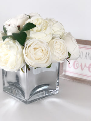White Austin Roses Faux Flower Arrangement, Floral Home Decor | Silk Artificial Centerpiece in Mirror Vase