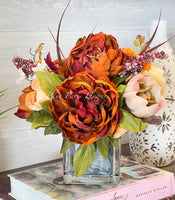 Fall or Thanksgiving Arrangement, Brown Peonies in Vase, Floral Decor Centerpiece, Faux Florals Artificial Flowers Silk Floral Decor