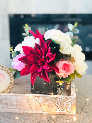 Dahlia, Roses Peonies Arrangement, Faux Flowers in Vase, Floral Decor Centerpiece