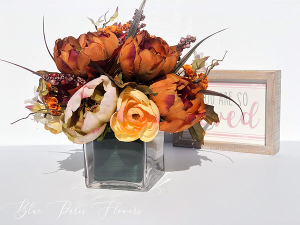Thanksgiving Arrangement, Peonies Ranunculus in Vase, Floral Decor Centerpiece, Artificial Flowers Silk Floral Arrangement