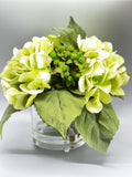Premium Green Hydrangea Artificial Faux Arrangement in Clear Glass Vase with clear acrylic water for Home Decor by Blue Paris Flowers